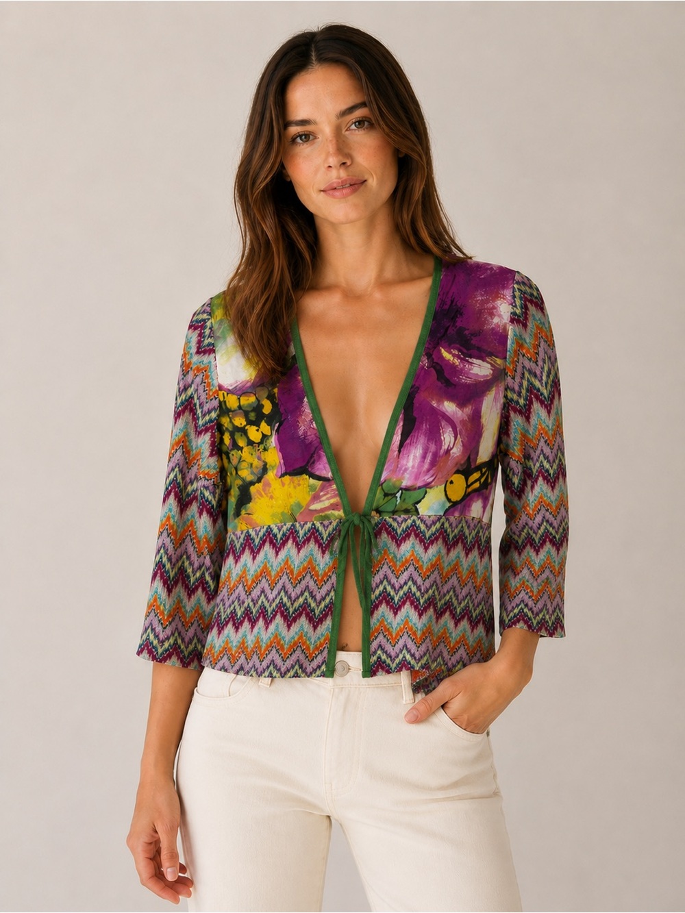 Evalinka Colorful Floral Chevron Tie-Front Cardigan y2k top print size 2 Italy
